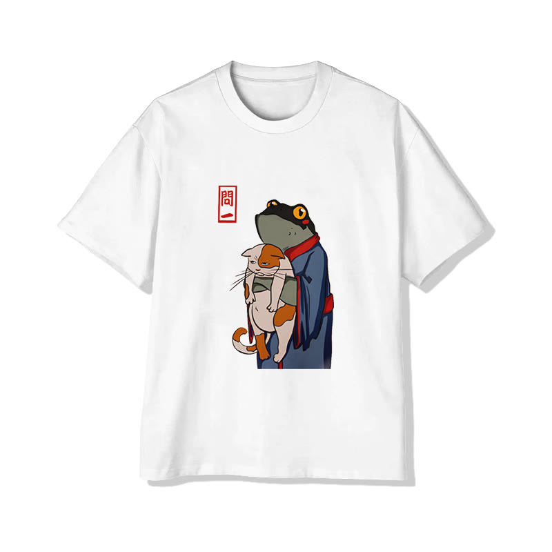 Unisex Japanese  Kimono Frog With Cat Pattern Cotton Print T-shirt - White - US20-22(3XL) - image 2