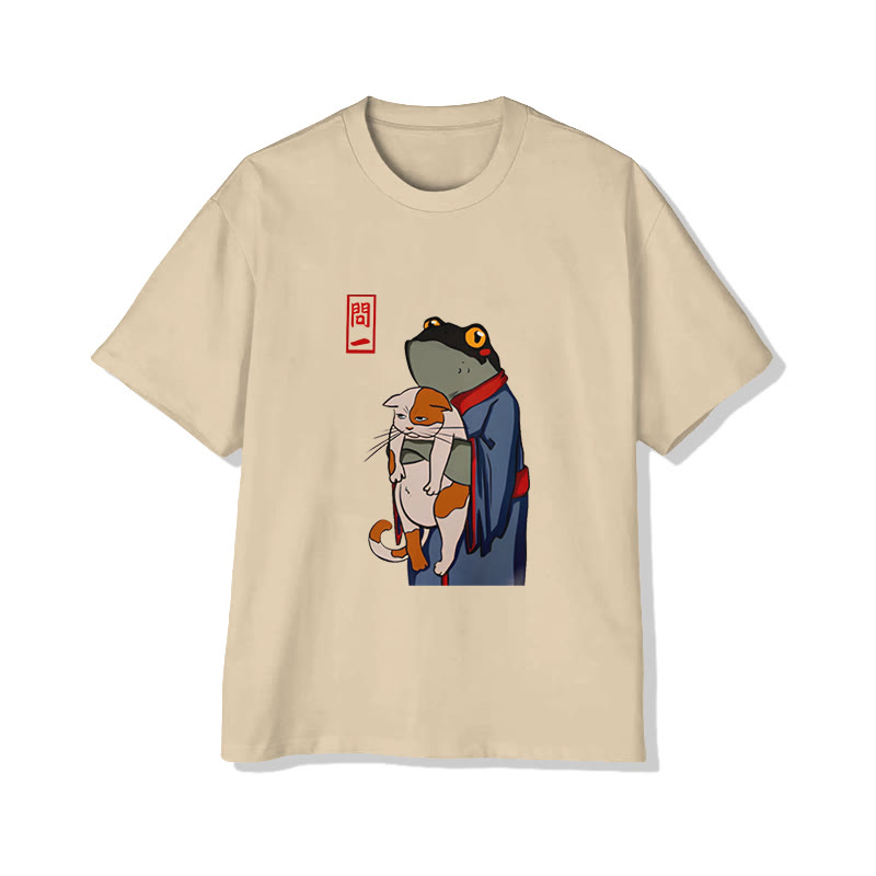 Unisex Japanese  Kimono Frog With Cat Pattern Cotton Print T-shirt - Apricot - US20-22(3XL) - image 1