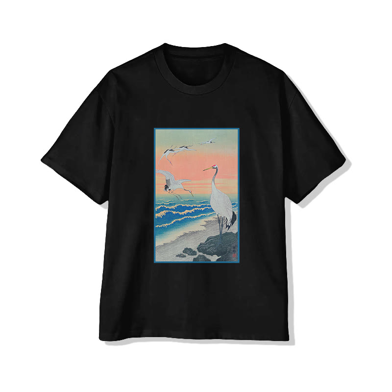 Unisex Japanese  Traditional Painting Cranes On The Seashore Pattern Cotton Print T-shirt - Black - US20-22(3XL) - image 4