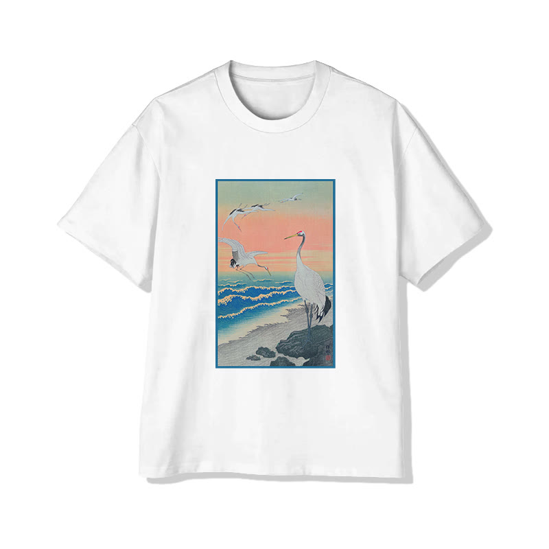 Unisex Japanese  Traditional Painting Cranes On The Seashore Pattern Cotton Print T-shirt - White - US20-22(3XL) - image 2