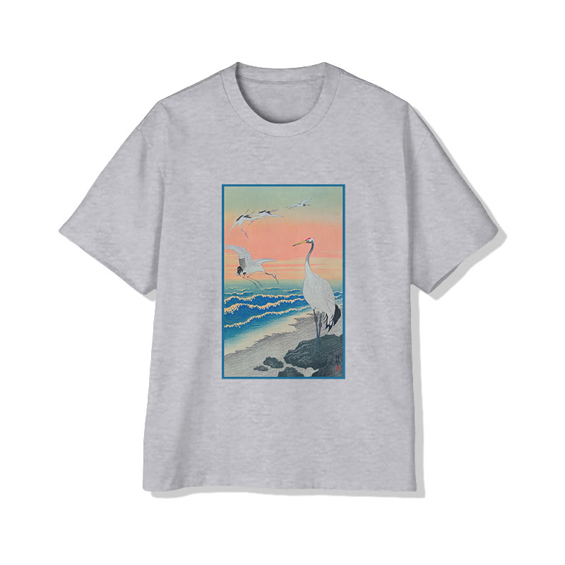 Unisex Japanese  Traditional Painting Cranes On The Seashore Pattern Cotton Print T-shirt - Grey - US20-22(3XL) - image 3