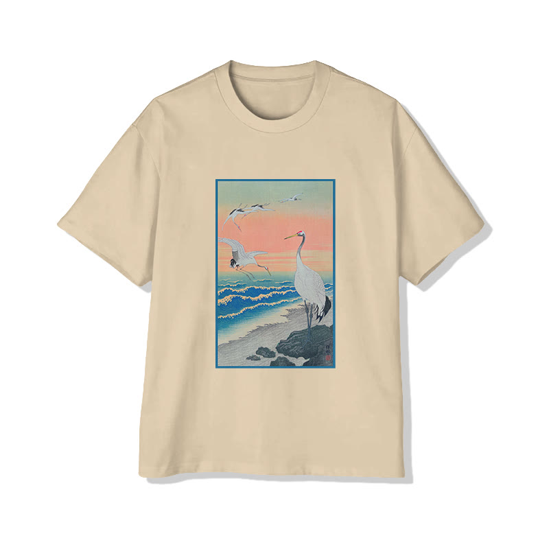 Unisex Japanese  Traditional Painting Cranes On The Seashore Pattern Cotton Print T-shirt - Apricot - US20-22(3XL) - image 1