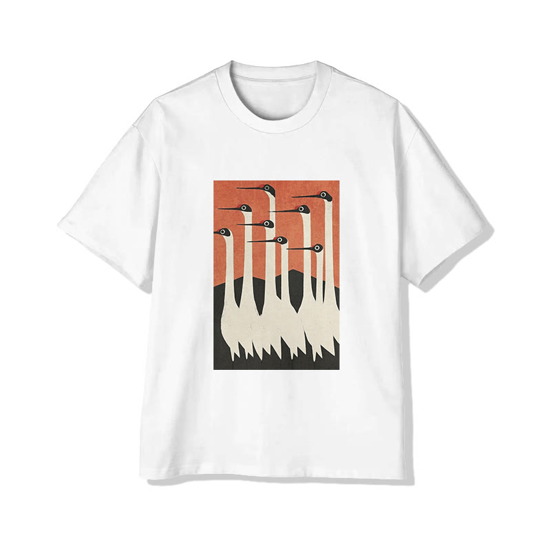 Unisex Japanese Zen-inspired Crane Art Pattern Cotton Print T-shirt - White - US20-22(3XL) - image 2