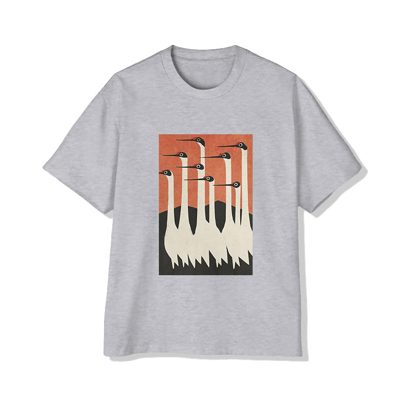 Unisex Japanese Zen-inspired Crane Art Pattern Cotton Print T-shirt - Grey - US20-22(3XL) - image 3