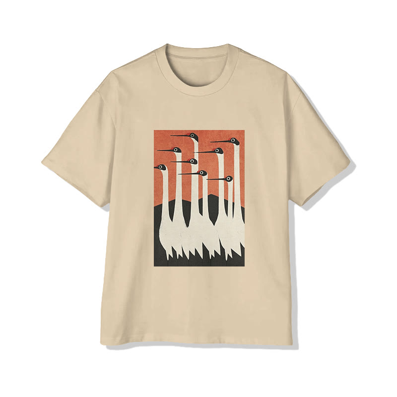 Unisex Japanese  Zen-inspired Crane Art Pattern Cotton Print T-shirt - Apricot - US20-22(3XL) - image 1