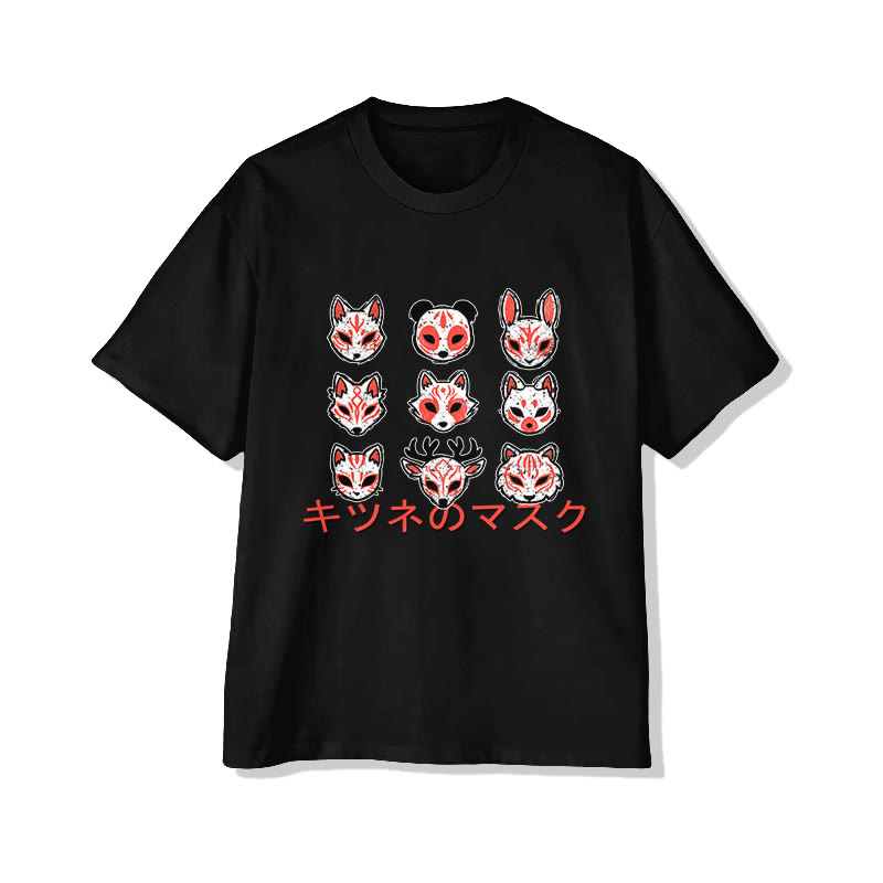 Unisex Japanese Fox Mask Art Pattern Cotton Print T-Shirt - Black - US20-22(3XL) - image 2