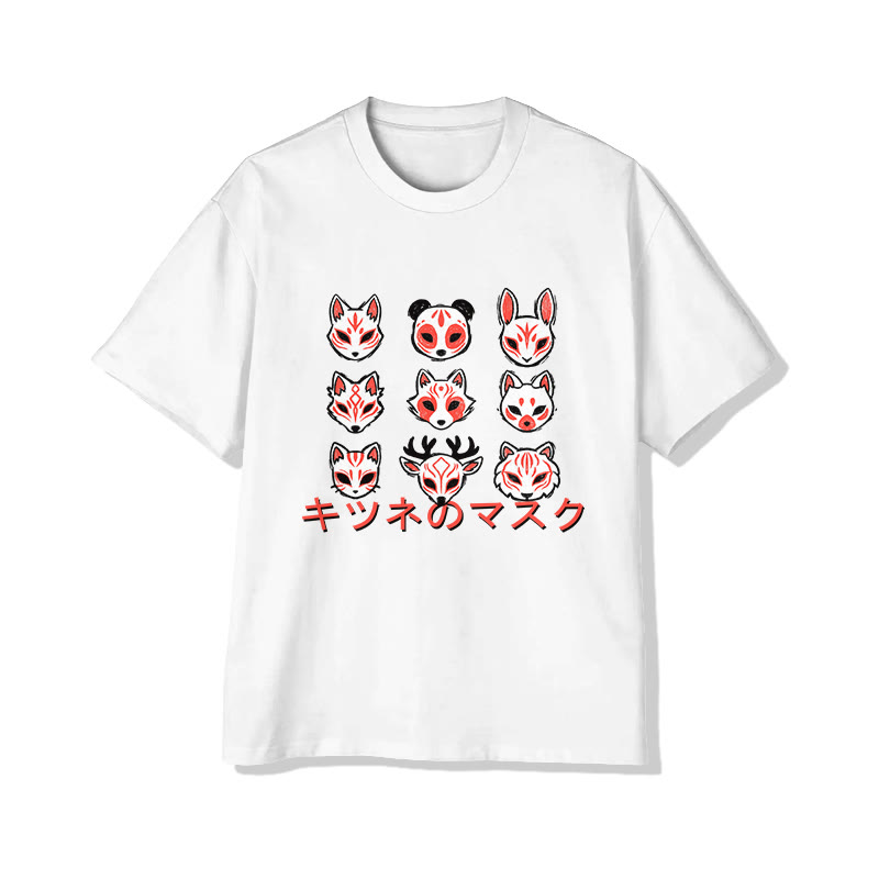 Unisex Japanese  Fox Mask Art Pattern Cotton Print T-Shirt - White - US20-22(3XL) - image 1