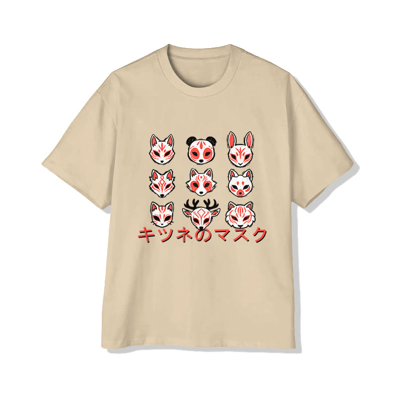 Unisex Japanese Fox Mask Art Pattern Cotton Print T-Shirt - Apricot - US20-22(3XL) - image 4