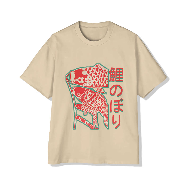 Unisex Japanese  Funny Carp Streamer  Art Pattern Cotton Print T-shirt - Apricot - US20-22(3XL) - image 2