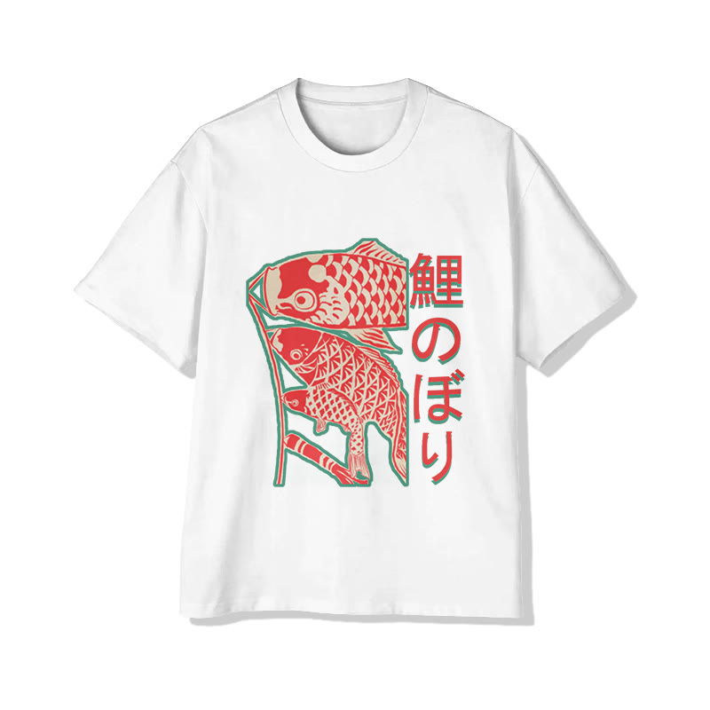 Unisex Japanese  Funny Carp Streamer  Art Pattern Cotton Print T-shirt - White - US20-22(3XL) - image 1