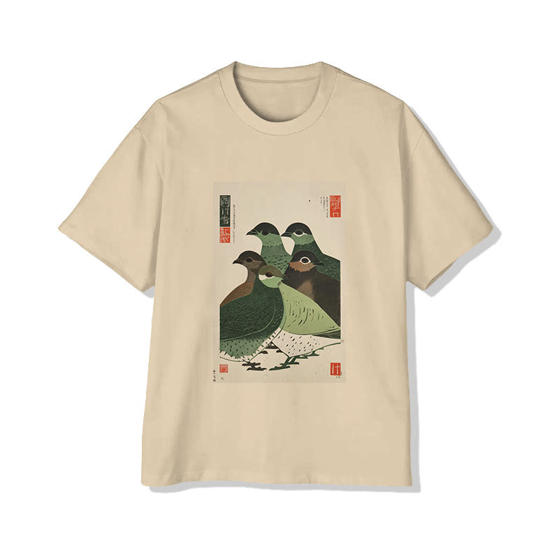 Unisex Japanese  Zen-inspired Birds  Art Pattern Cotton Print T-shirt - Apricot - US20-22(3XL) - image 2