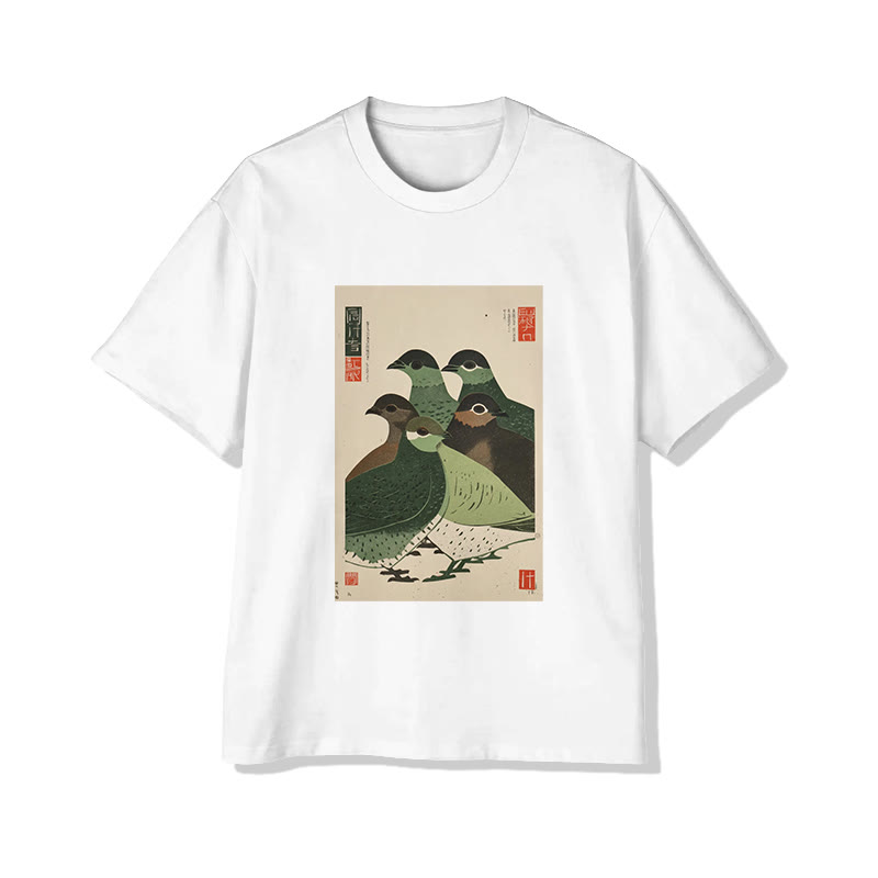 Unisex Japanese  Zen-inspired Birds  Art Pattern Cotton Print T-shirt - White - US20-22(3XL) - image 1