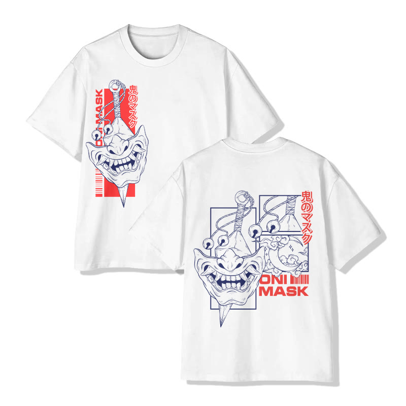 Unisex Japanese Traditional Onii Demon Mask Art Pattern Cotton Print T-shirt - White - US20-22(3XL) - image 1