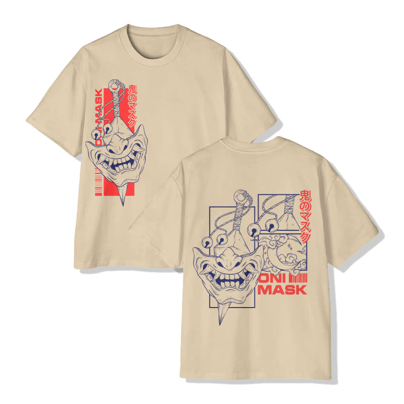 Unisex Japanese Traditional Onii Demon Mask Art Pattern Cotton Print T-shirt - Apricot - US20-22(3XL) - image 4
