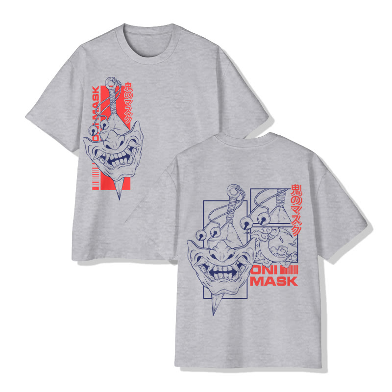 Unisex Japanese Traditional Onii Demon Mask Art Pattern Cotton Print T-shirt - Grey - US20-22(3XL) - image 3