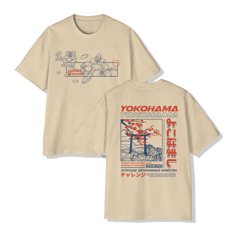 Unisex Japanese Cherry Blossom And Torii Gate Travel Pattern Art Pattern Cotton Print T-shirt - Apricot - US20-22(3XL) - image 2