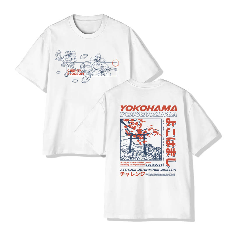 Unisex Japanese Cherry Blossom And Torii Gate Travel Pattern Art Pattern Cotton Print T-shirt - White - US20-22(3XL) - image 1