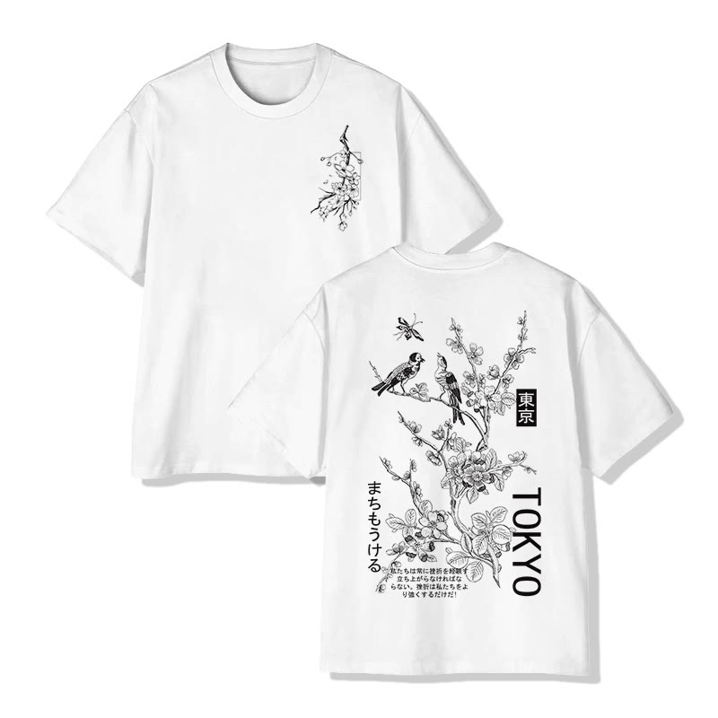 Unisex Japanese  Tokyo Floral And Birds Pattern Cotton Print T-shirt - White - US20-22(3XL) - image 1