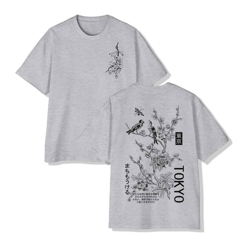 Unisex Japanese  Tokyo Floral And Birds Pattern Cotton Print T-shirt - Grey - US20-22(3XL) - image 3