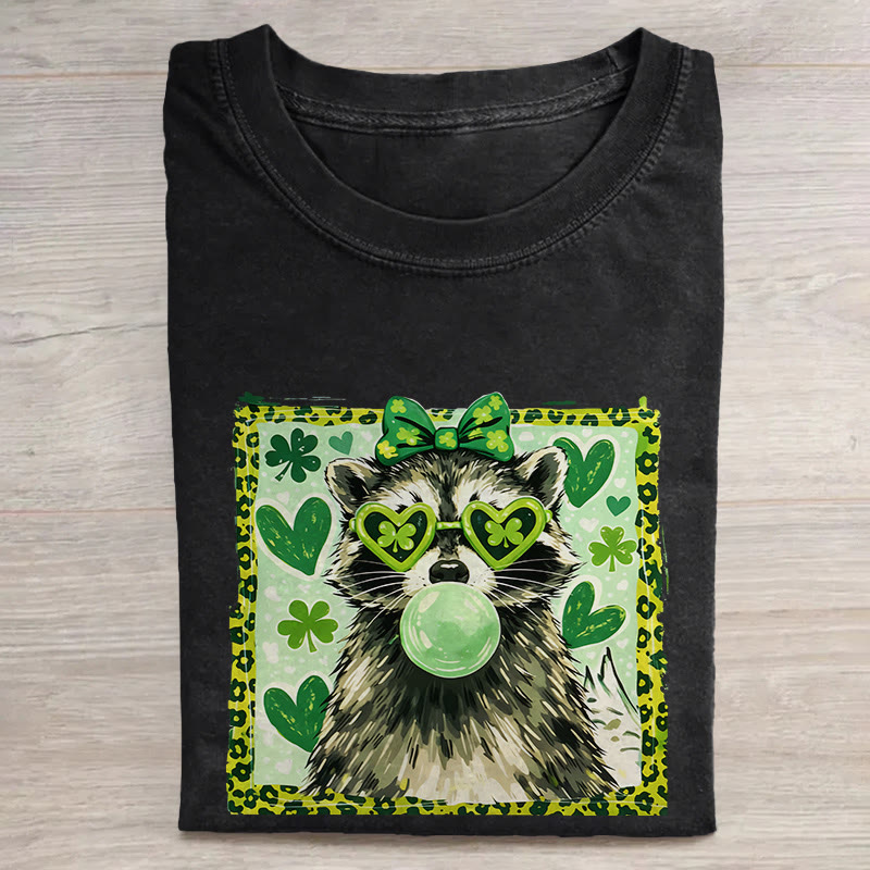 Irish Raccoons And Lucky Clover Charms Pattern Print Acid Washed T-shirt - Black - US20-22(3XL) - image 3