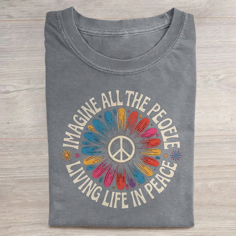  Imagine All The People Living Life In Peace Floral Daisy Sign Colorful Graphic Print Acid Washed T-shirt - Grey - US20-22(3XL) - image 2