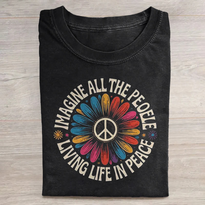  Imagine All The People Living Life In Peace Floral Daisy Sign Colorful Graphic Print Acid Washed T-shirt - Black - US20-22(3XL) - image 1