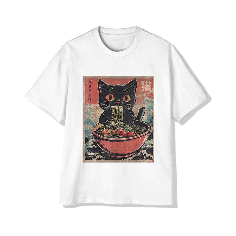 Unisex Japanese  Cat Eating Ramen Noodles  Art Pattern Cotton Print T-shirt - White - US20-22(3XL) - image 2