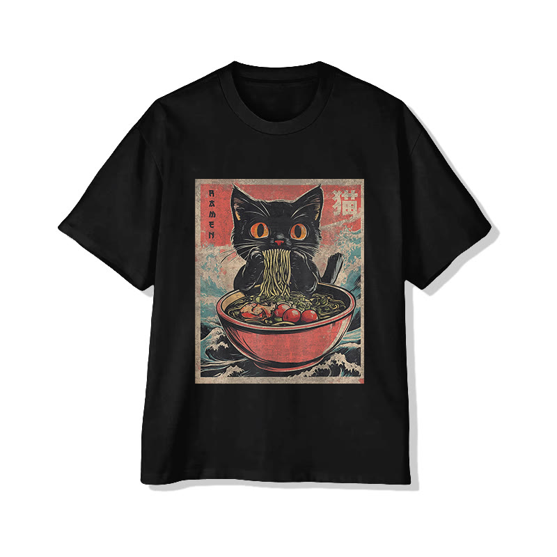 Unisex Japanese  Cat Eating Ramen Noodles  Art Pattern Cotton Print T-shirt - Black - US20-22(3XL) - image 1
