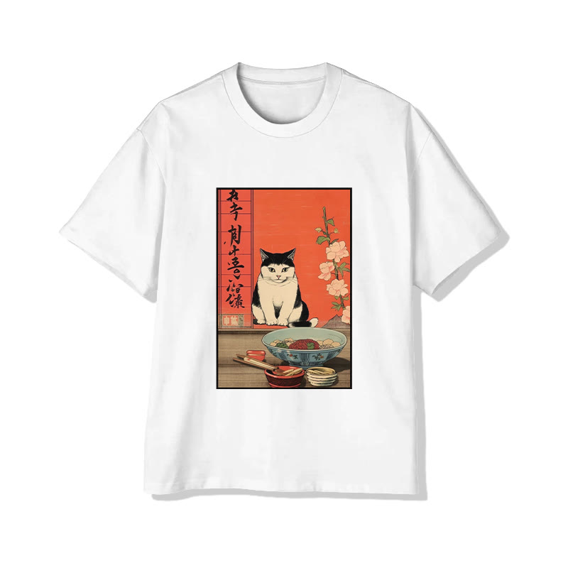 Unisex Japanese  Cat Wants To Eat Ramen  Art Pattern Cotton Print T-shirt - White - US20-22(3XL) - image 2