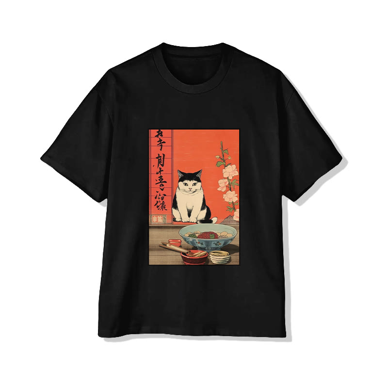 Unisex Japanese  Cat Wants To Eat Ramen  Art Pattern Cotton Print T-shirt - Black - US20-22(3XL) - image 1