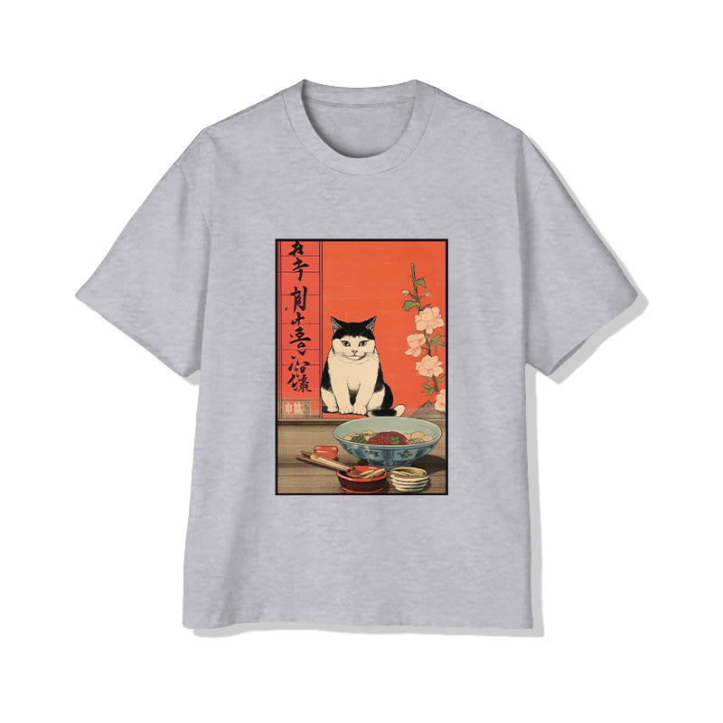 Unisex Japanese  Cat Wants To Eat Ramen  Art Pattern Cotton Print T-shirt - Grey - US20-22(3XL) - image 4