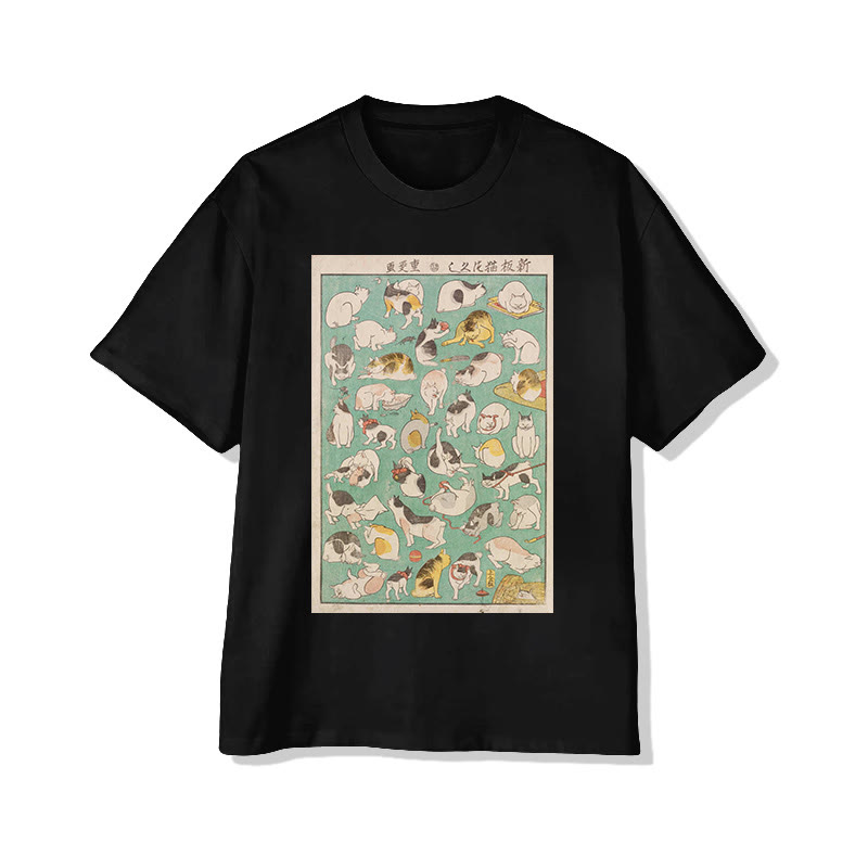 Unisex Japanese Cute Cats In Various Poses Art Pattern Cotton Print T-shirt - Black - US20-22(3XL) - image 2