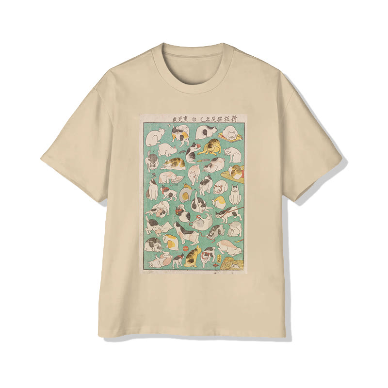 Unisex Japanese  Cute Cats In Various Poses  Art Pattern Cotton Print T-shirt - Apricot - US20-22(3XL) - image 1