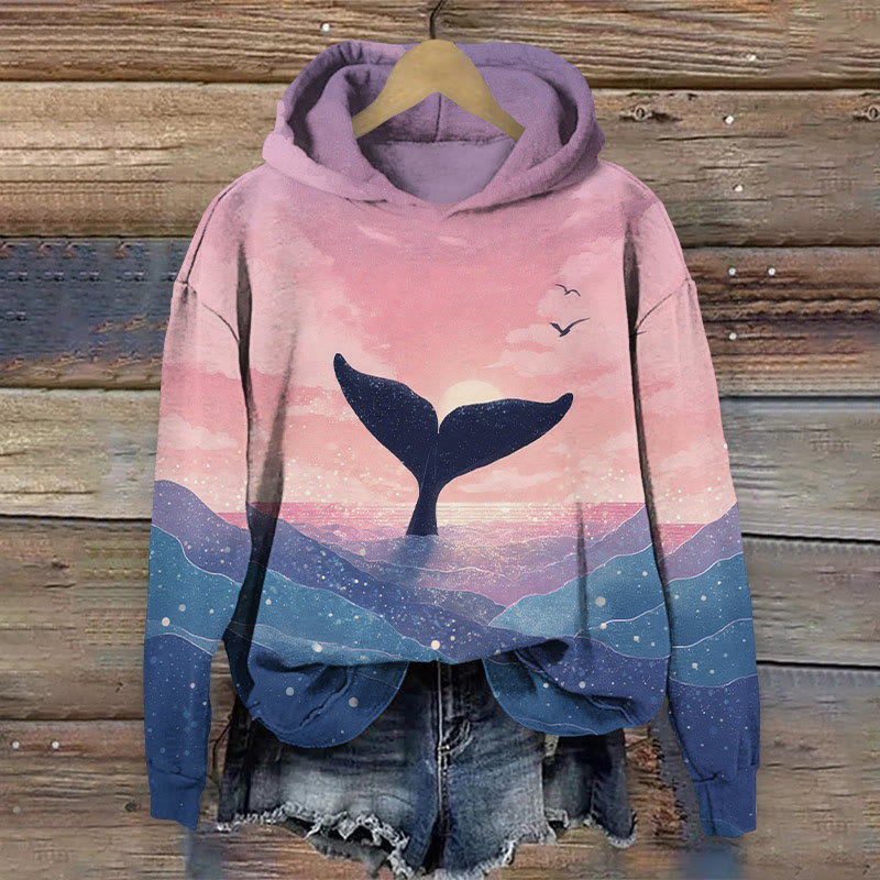Aesthetic Sunset Blink Whale Tale Art Print Long Sleeve Hoodie - image 2