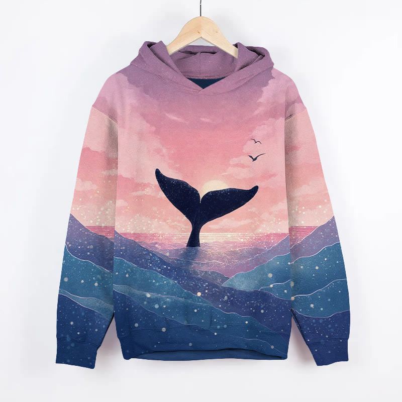 Aesthetic Sunset Blink Whale Tale Art Print Long Sleeve Hoodie - Purple - US44-46(8XL) - image 1
