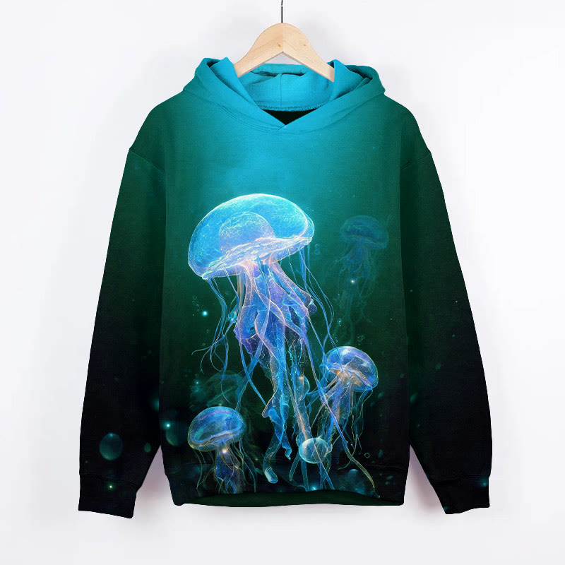 Ombre Glowing Jellyfish Art Print Long Sleeve Hoodie - Dark Green - US44-46(8XL) - image 2