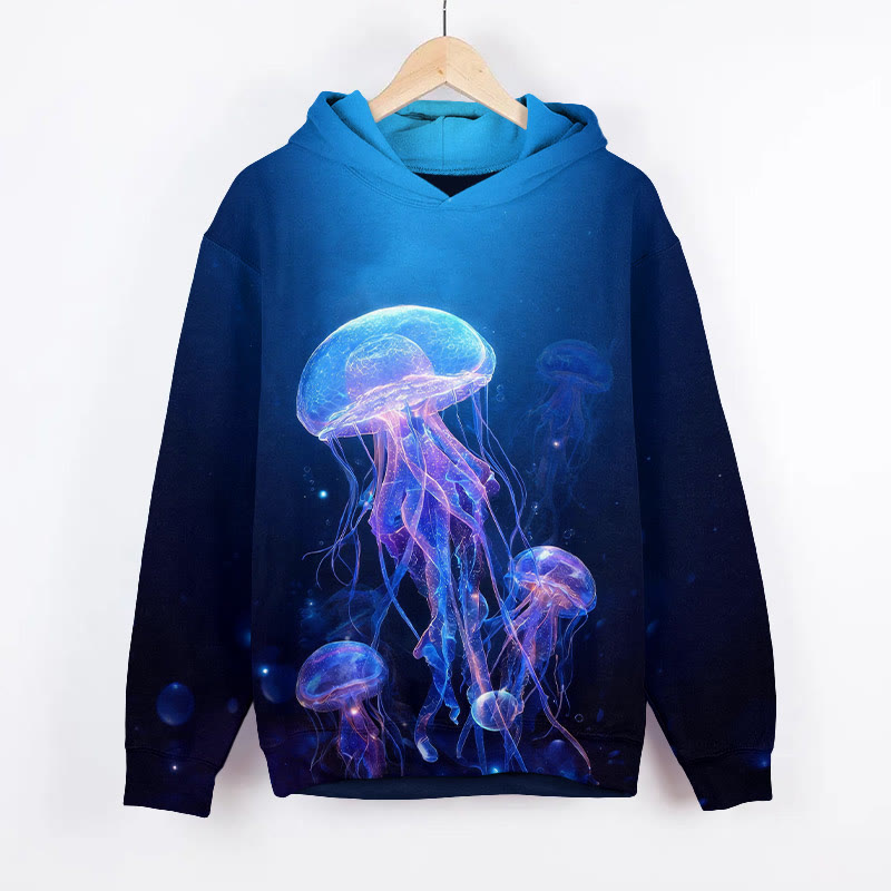 Ombre Glowing Jellyfish Art Print Long Sleeve Hoodie - Dark Blue - US44-46(8XL) - image 1