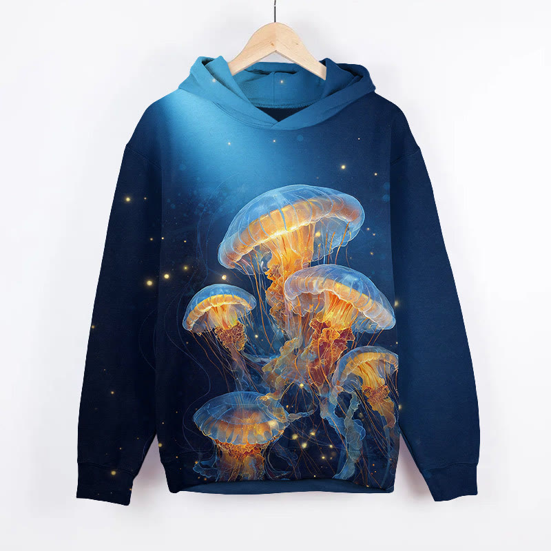 Starry Mushroom Cloud Jellyfish Art Print Long Sleeve Hoodie - Dark Blue - US44-46(8XL) - image 2