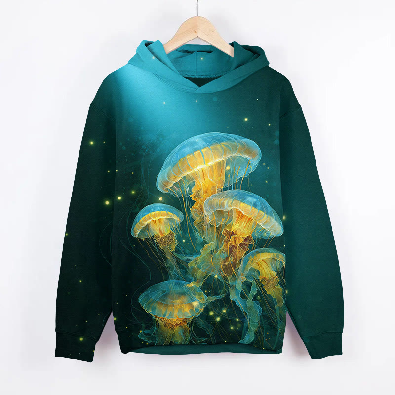 Starry Mushroom Cloud Jellyfish Art Print Long Sleeve Hoodie - Dark Green - US44-46(8XL) - image 1