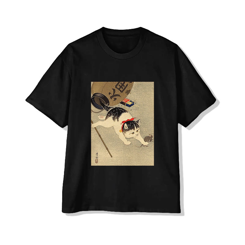 Unisex Japanese  Ukiyo-e Style Cat Catching A Mouse  Art Pattern Cotton Print T-shirt - Black - US20-22(3XL) - image 2