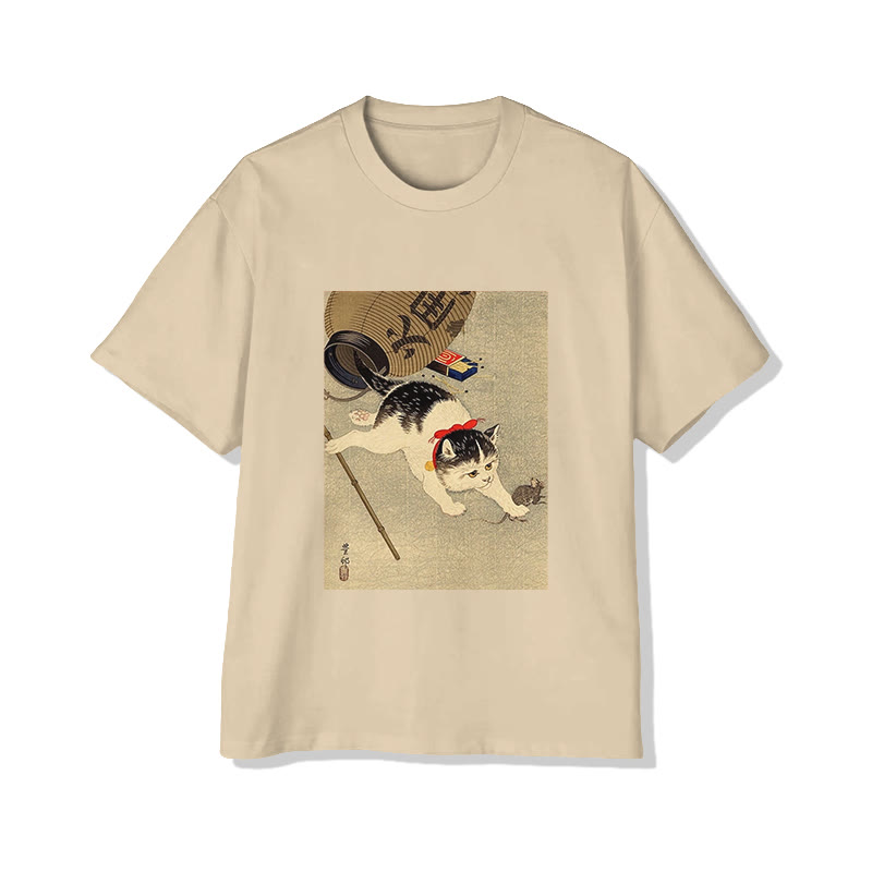 Unisex Japanese  Ukiyo-e Style Cat Catching A Mouse  Art Pattern Cotton Print T-shirt - Apricot - US20-22(3XL) - image 1
