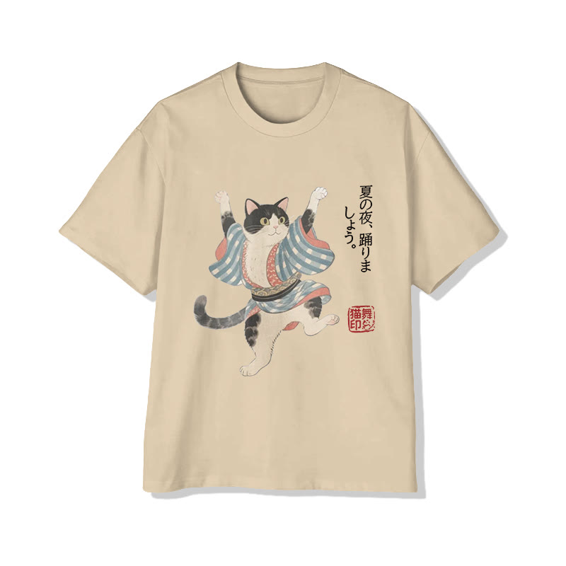 Unisex Japanese Funny Summer Festival Dancing Cat Art Pattern Cotton Print T-shirt - Apricot - US20-22(3XL) - image 2