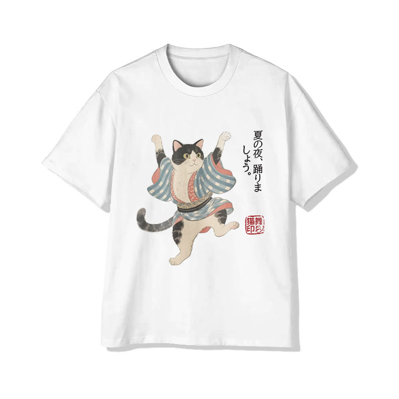 Unisex Japanese  Funny Summer Festival Dancing Cat  Art Pattern Cotton Print T-shirt - White - US20-22(3XL) - image 1