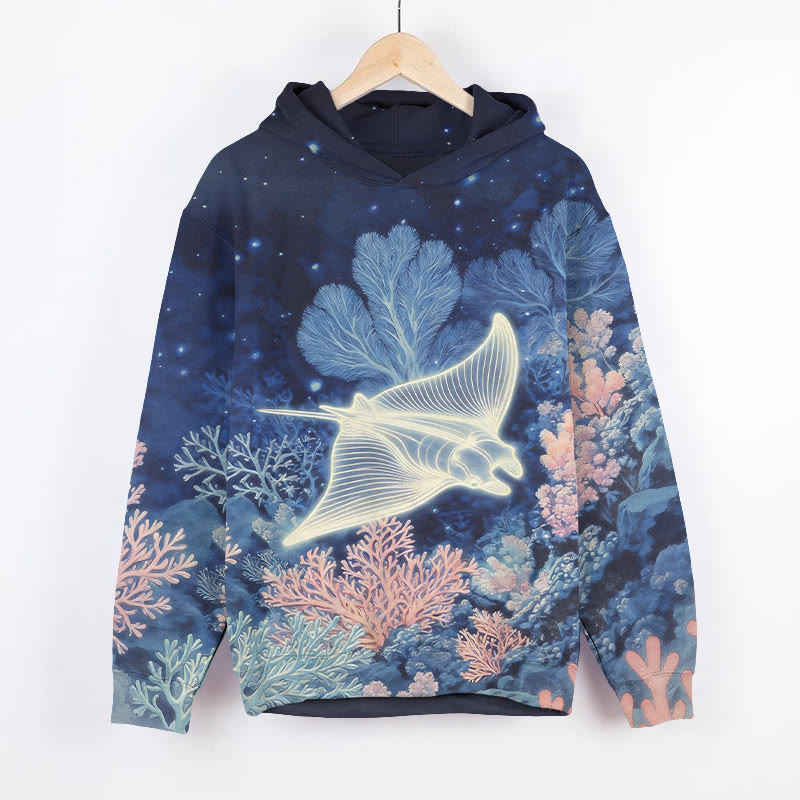 Glowing Transparent Ray & Coral Art Print Long Sleeve Hoodie - Blue - US44-46(8XL) - image 1