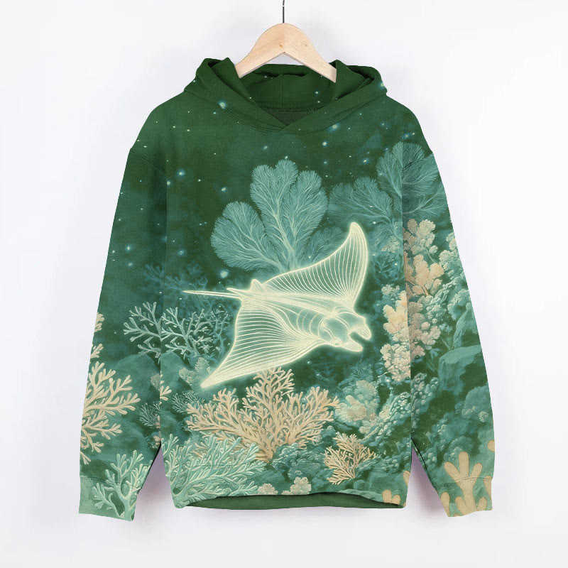 Glowing Transparent Ray & Coral Art Print Long Sleeve Hoodie - Green - US44-46(8XL) - image 2