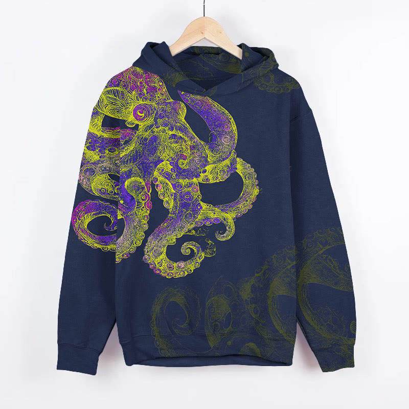 Vintage Contrasting Color Octopus Art Print Long Sleeve Hoodie - Blue - US44-46(8XL) - image 1