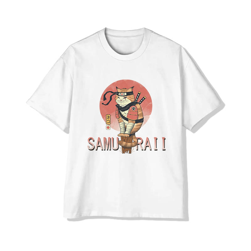 Unisex Japanese  Cute Samurai Cat  Art Pattern Cotton Print T-shirt - White - US20-22(3XL) - image 2