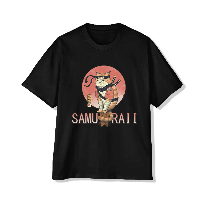 Unisex Japanese  Cute Samurai Cat  Art Pattern Cotton Print T-shirt - Black - US20-22(3XL) - image 1