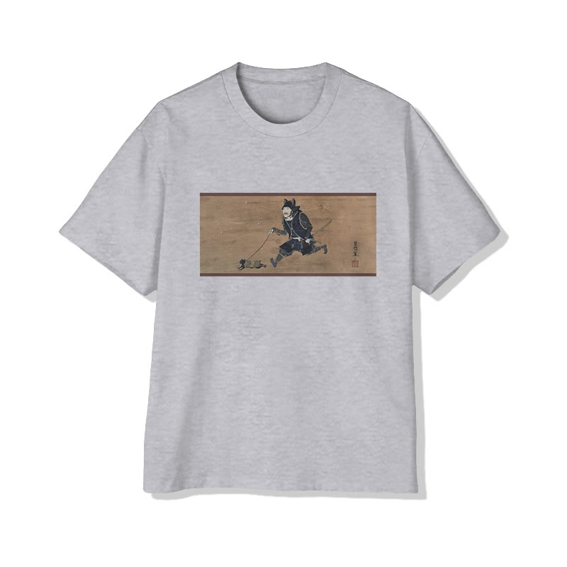 Unisex Japanese Retro Cute Walking Cat Classic Painting Art Pattern Cotton Print T-shirt - Grey - US20-22(3XL) - image 2