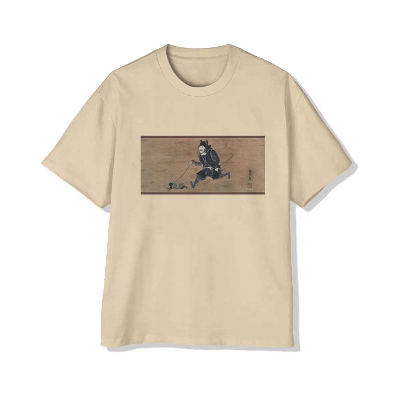 Unisex Japanese  Retro Cute Walking Cat Classic Painting Art Pattern Cotton Print T-shirt - Apricot - US20-22(3XL) - image 1